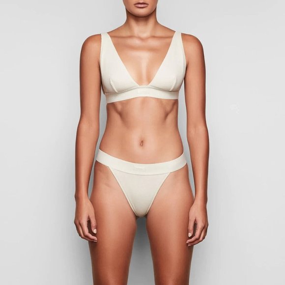 Skims Womens Bone Cotton Blend High-Cut Wide Waistband Rib Thong Panty Sz Medium - Picture 2 of 4